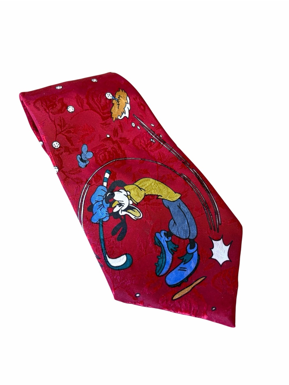 Simon Vintage Goofy Golfing Silk Necktie Red Floral Jacquard‎ Disney Character
